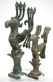 Pair of Bronze Bird Finial Sculptures, in the Style of Ancient Chinese Art