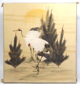 Japanese Silk Embroidery Painting of Cranes and Pines, Meiji to Showa Era