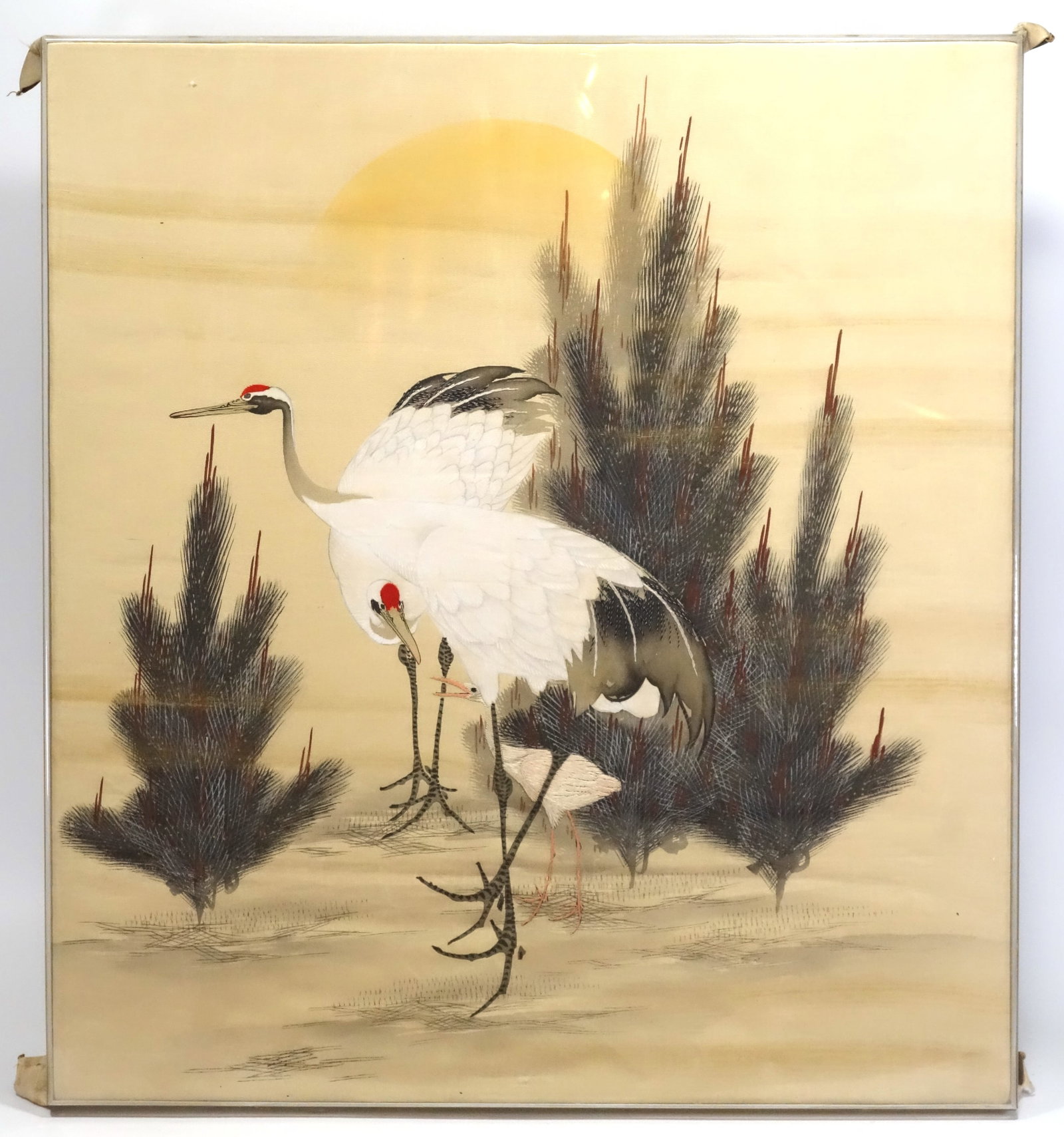 Japanese Silk Embroidery Painting of Cranes and Pines, Meiji to Showa Era (1 of 3)
