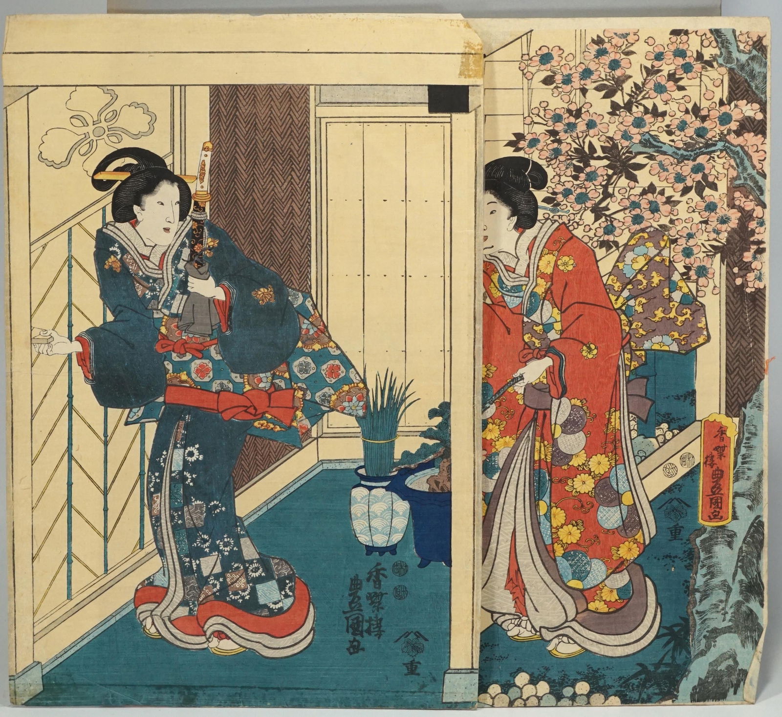 Utagawa Kunisada (Toyokuni III)  Two Prints from the Akashi Bathhouse Series, c. 1855-1865 (1 of 3)