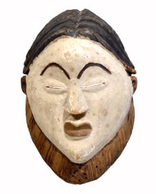 African Punu Wood Carved White Painted Face Mask