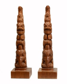 Pair of Teak Wood Model Totem Poles