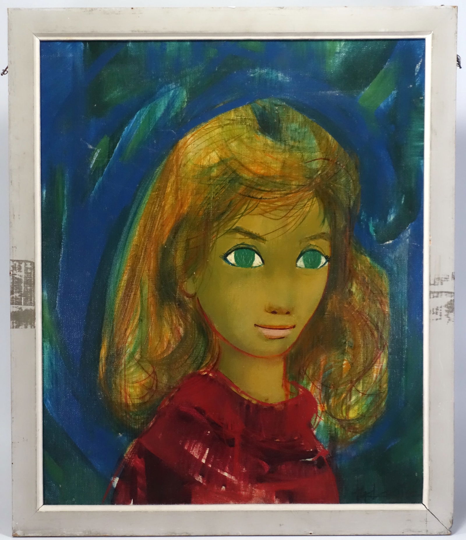Mid-Century Modern Portrait by Jean-Baptiste Valadie (French, b. 1933): Oil on canvas, signed; evocative depiction of a girl with green eyes, rendered in vivid, dreamlike tones emblematic of Valadie's poetic style. Dated 1957, inscribed on back, in good condition. Dimensi