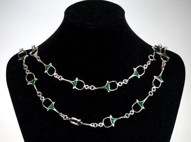 Beautiful Vintage Sterling Silver Green Enamel Snaffle-bit Horsebit Necklace