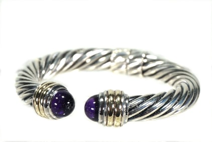 Classic David Yurman Signature Hinged Sterling Silver with 14K gold accents Cable Bracelet