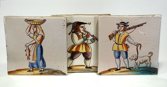 3 Vintage Majolica Tiles with figures