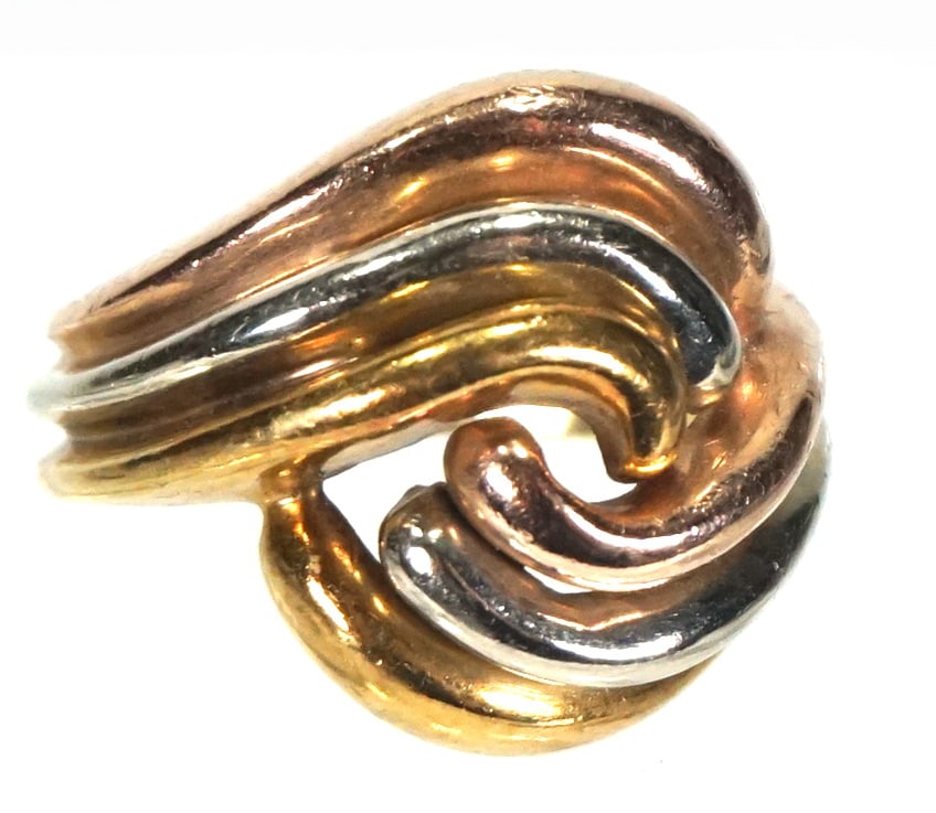 14k solid gold knot twist ring in yellow, white and rose gold (1 of 5)