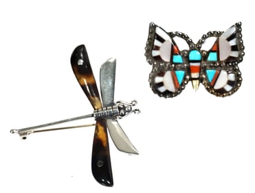Two Vintage Sterling silver brooches: Dragonfly (Spratling?) and Butterfly