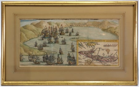 Matthaus Merian  Dutch Fleet in Havana Bay with Map of Cuba ca. 1640