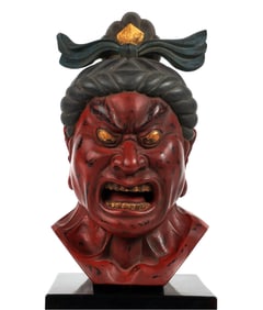 Japanese Red Lacquer Wood Bust of a Samurai