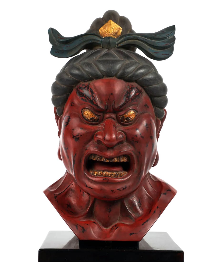 Japanese Red Lacquer Wood Bust of a Samurai (1 of 4)