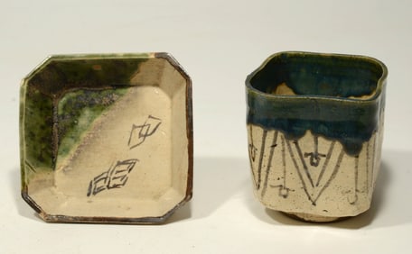 Pair Japanese Studio Ceramics  Sake or Tea Bowl and Plate