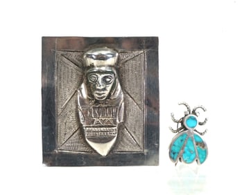 Two Silver Brooches: Pre-Columbian Revival Mask and Turquoise Inlaid Insect Mid-20th century