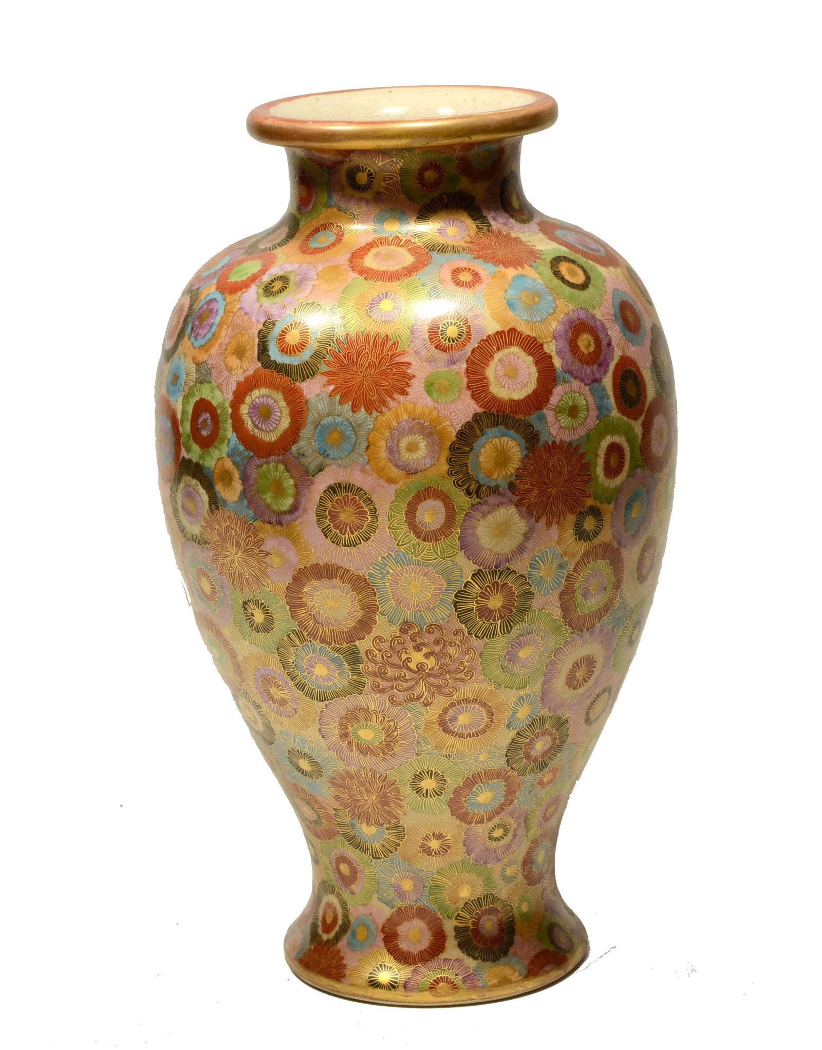 Meiji Satsuma Chrysanthemum Gilt Vase: featuring polychrome flowers with gilt accents. Base with a separate character mark. Fourth quarter 19th/early 20th century Japan Size: 12 inches H. Provenance: From the estate of Jacques (1921-2023) 