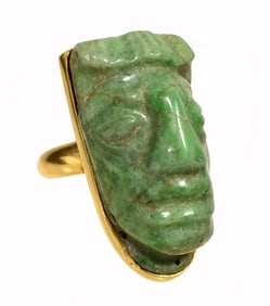 Maya Jade Maize God Pendant Set into William Spratling 18k gold Ring