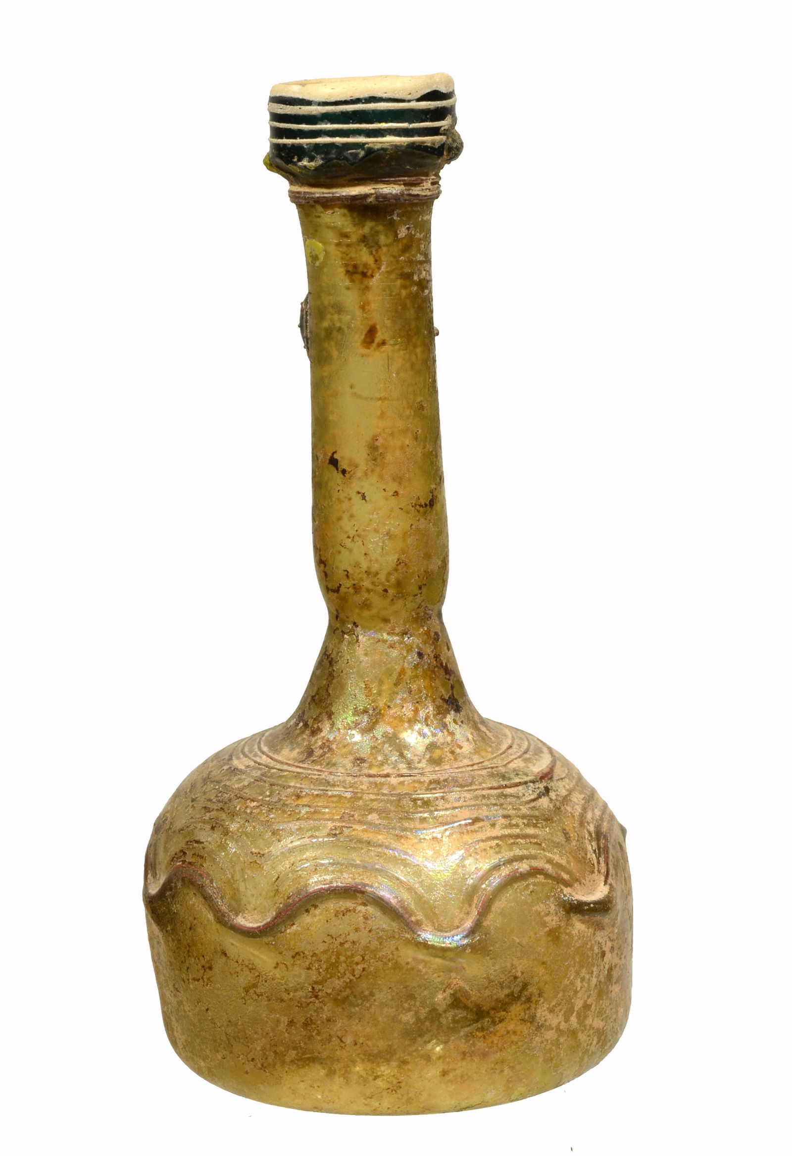 Islamic Glass Perfume Bottle: Circa 10th to 12th Century AD. .Yellow glass; free blown, applied decoration, and tooled marks on body.Quite ornate. Coll number penned in red ink '33.72' on underside. size 5-1/2 in H.