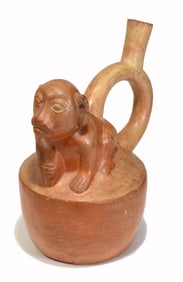 Peruvian Moche Painted  Monkey Stirrup Vessel