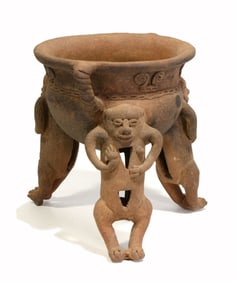 Pre-Columbian Chiriquí Pottery Tripod Rattle Vessel with Monkey Legs