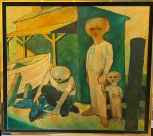 Modernist Fishing Village Scene – Mid-Century Oil on Canvas