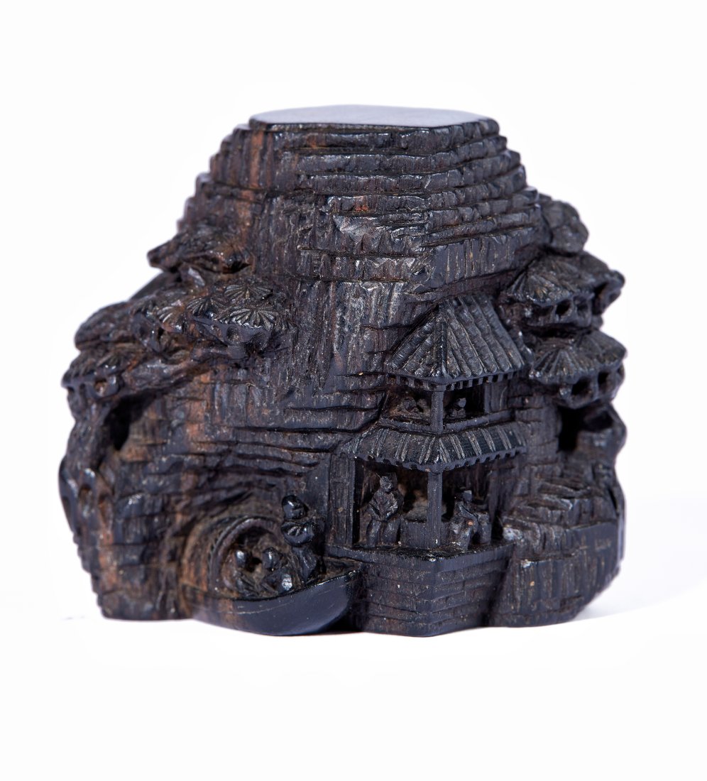 A Meiji Sandalwood Carving/明治時期檀木雕刻: A Meiji sanalwood carving of "Eight Immortals Feast", signed by "Li Lu". 3.2 x 2.5 x 3.5 cm.
