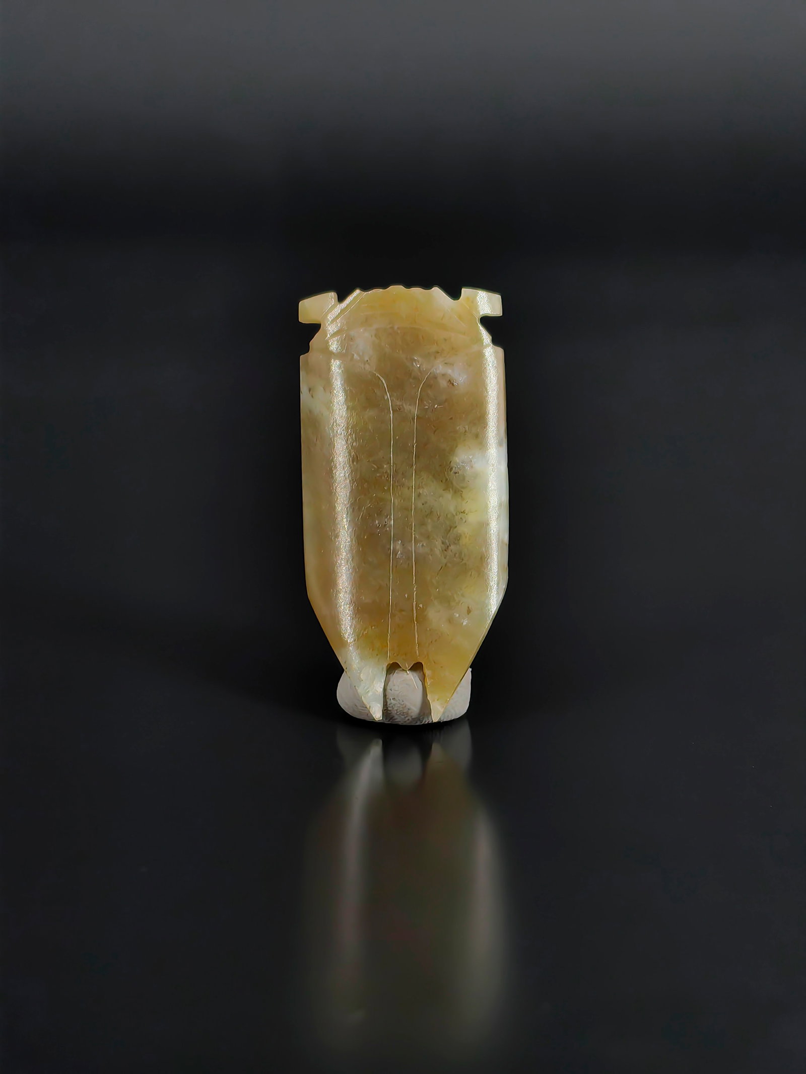An Antique Jade Cicada: This collection features a Han-style yellow jade cicada. The piece exhibits a warm, jade texture adorned with natural calcification and shifting undertones, radiating an archaic aura. Crafted with
