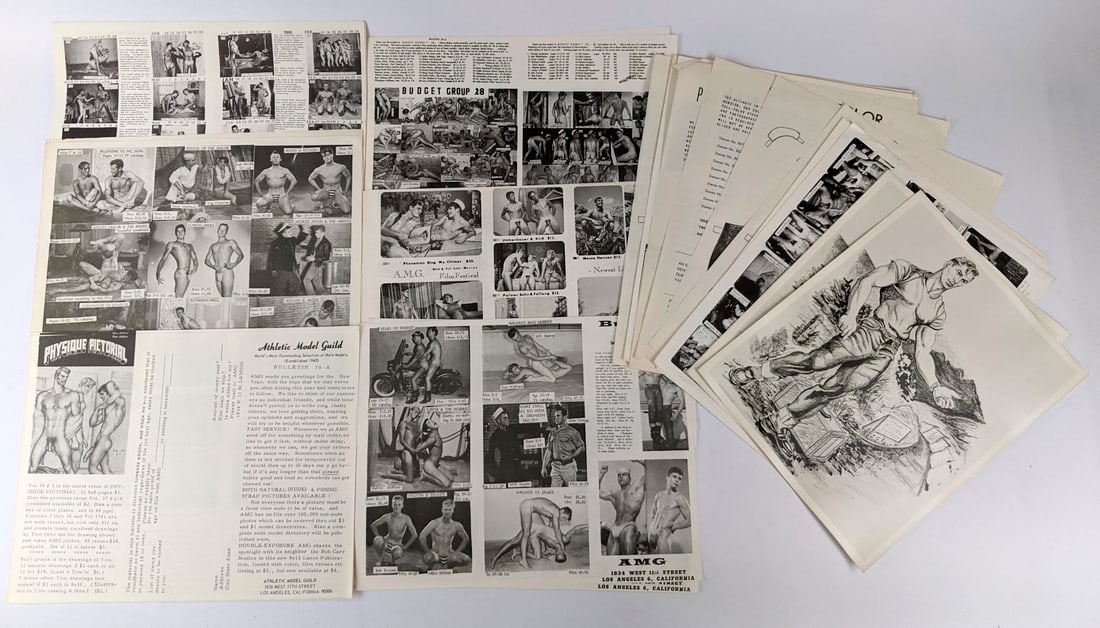 [LGBTQ] Physique Pictorial, Bob Mizer Ephemera: Small collection of Athletic Model Guild / Bob Mizer / Physique Pictorial ephemera including Bulletins, Order Forms, etc. A couple of Bruce of Los Angeles orders forms and erotic art prints also. 24 p