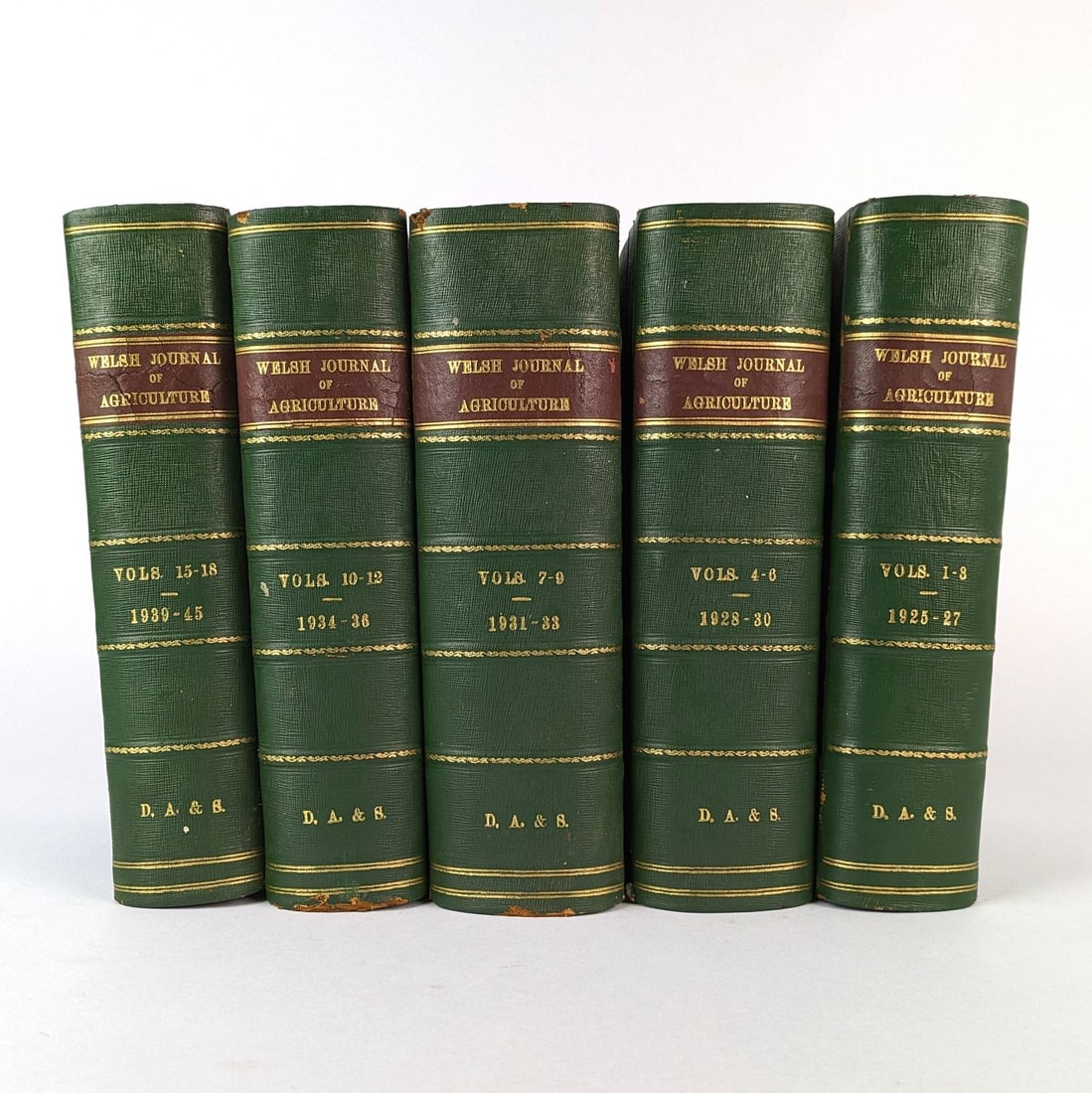 The Welsh Journal of Agriculture: The Welsh Journal of Agriculture Vol. 1 No. 1, 1925 - Vol. 18, 1945. Missing Vols. 13-14, 1937-38. 24cm x 15cm. 5 volumes. Green half leather. Ex-Department of Agriculture & Stock, Queensland.