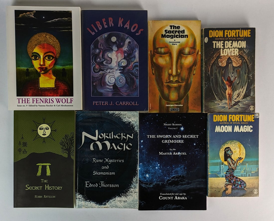 [OCCULT] Small Shelf: Small lot of 8 occult books including Dion Fortune, The Fenris Wolf 9, Peter Carroll, and others. Good to Near Fine, some with creasing and foxing.