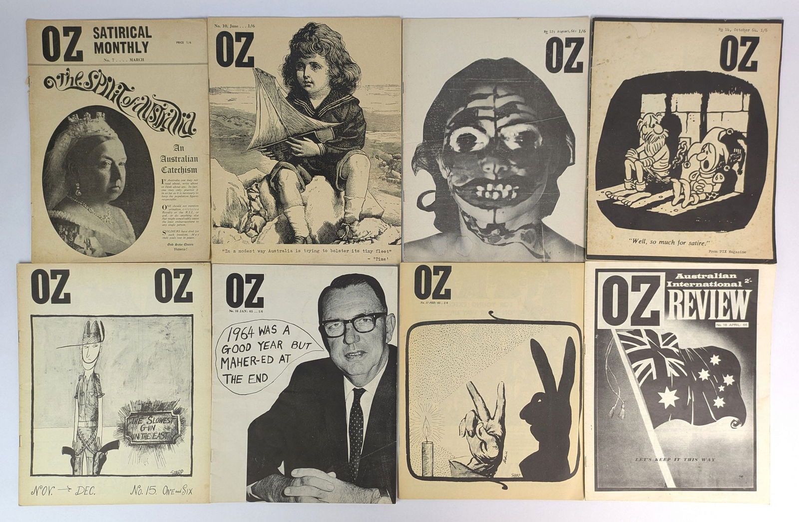 Oz Magazine Australia, 26 Issues: Richard Neville; Richard Walsh; Martin Sharp; et al. Oz magazine Sydney: Oz Publications, 1964-1969. 26 issues of the Australian series of the underground counterculture newspaper. Includes 7, 10, 12,