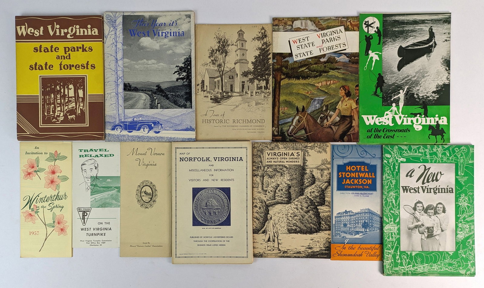 Virginia and West Virginia: Collection of 20th century United States travel ephemera, maps, and booklets relating to Virginia and West Virginia. Some duplicates, in some cases the duplicates are different month/year issues with 
