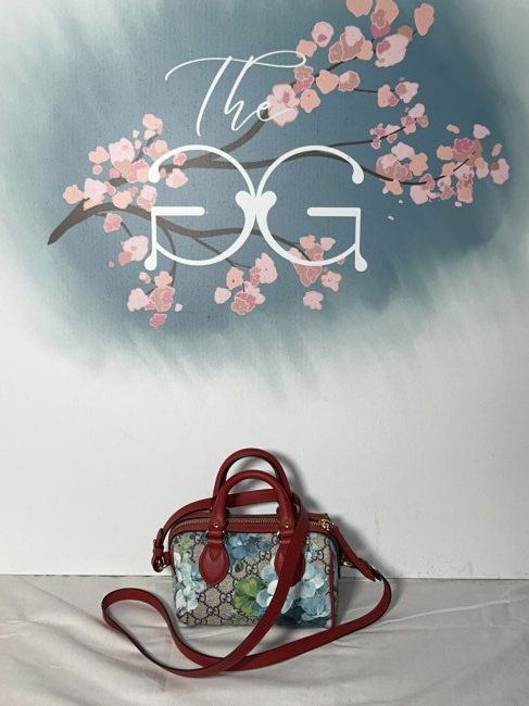 Blue Hibiscus Monogram GG Supreme Coated Canvas and Red Leather Blooms Mini Boston Gold Hardware (1 of 4)