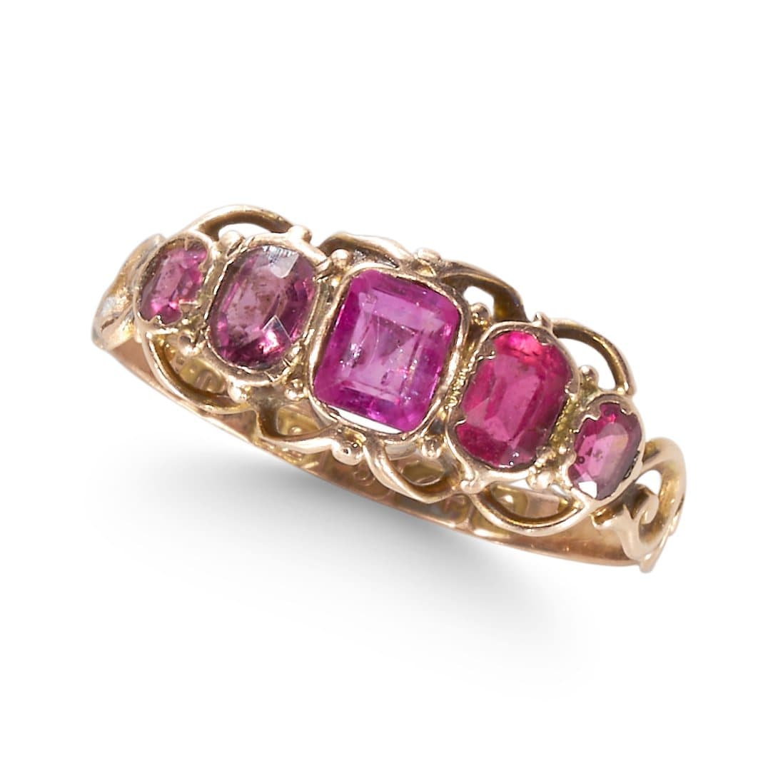 AN ANTIQUE VICTORIAN FIVE STONE RUBY RING, IN 12.5CT YELLOW GOLD. (1 of 1)