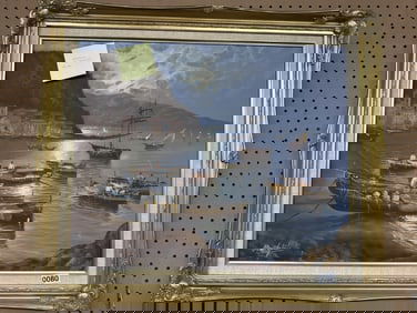 Vintage oil painting harbor scene