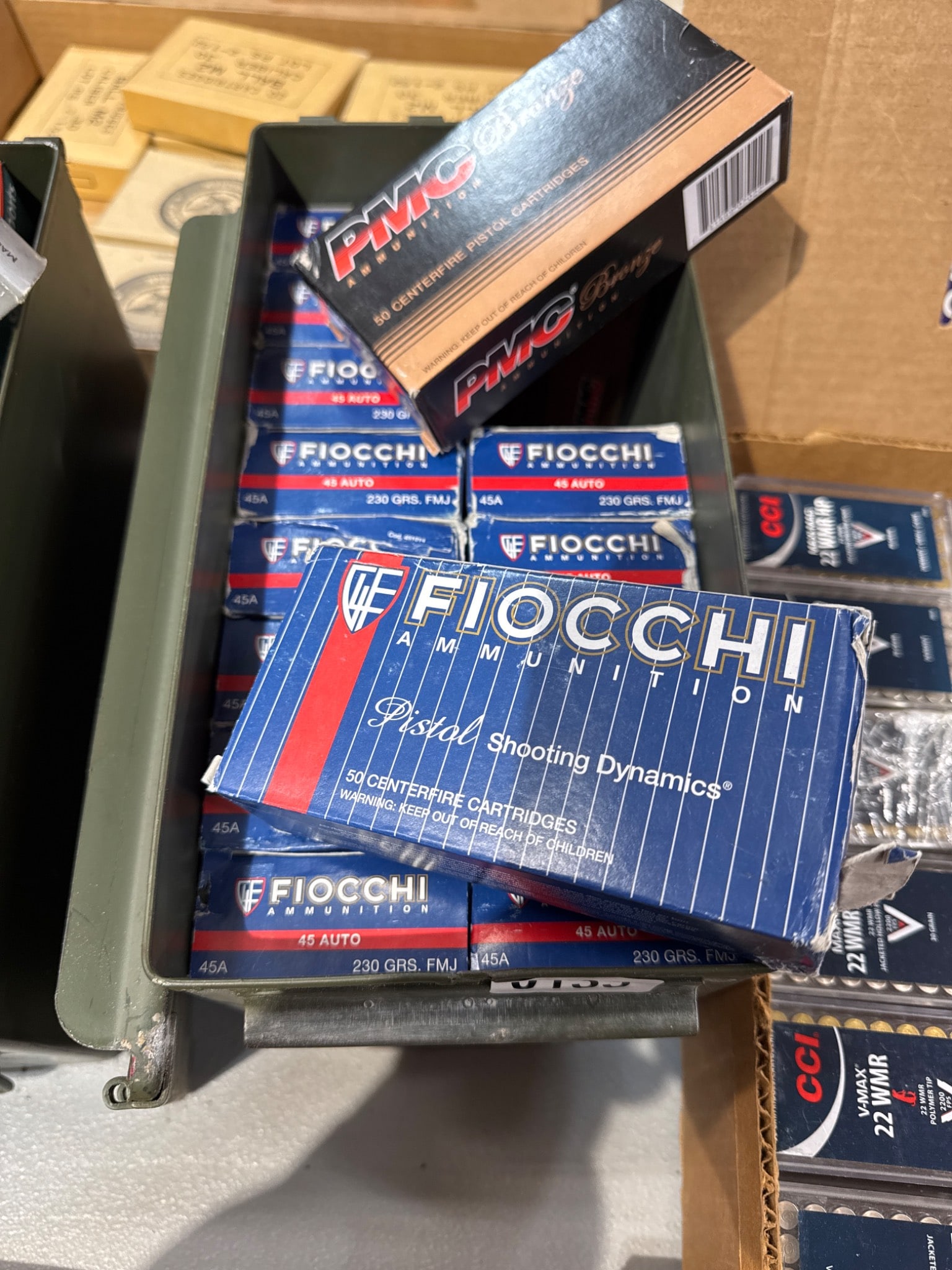 Approx. 800 Rounds of .45 Auto Ammo: Approximately 800 pistol ammo in .45 Auto caliber, with about 700 rounds of Fiocchi (230 GR FMJ) and 100 rounds of PMC Bronze in a metal ammo box. All items are sold AS IS, WHERE IS with no warranties
