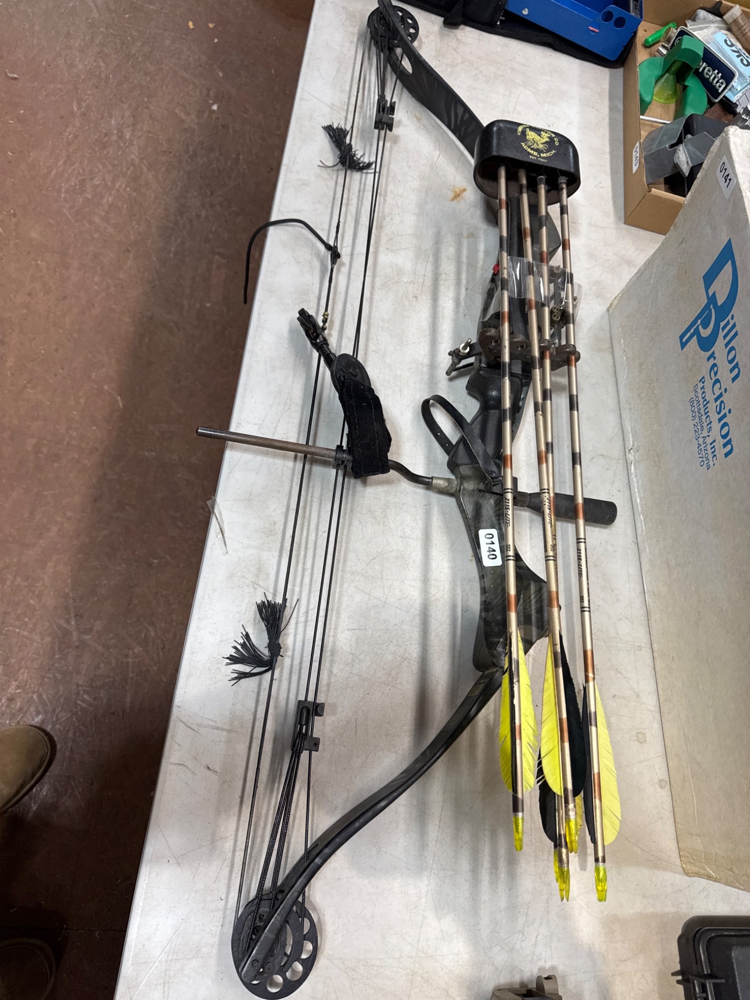 Browning Mirage Hunter Compound Bow Set: Browning Mirage Hunter compound bow with Kwikee Kwiver Co. arrow holder and five arrows included. Adjustable poundage 45-70 lbs. Made in the USA. All items are sold AS IS, WHERE IS with no warranties