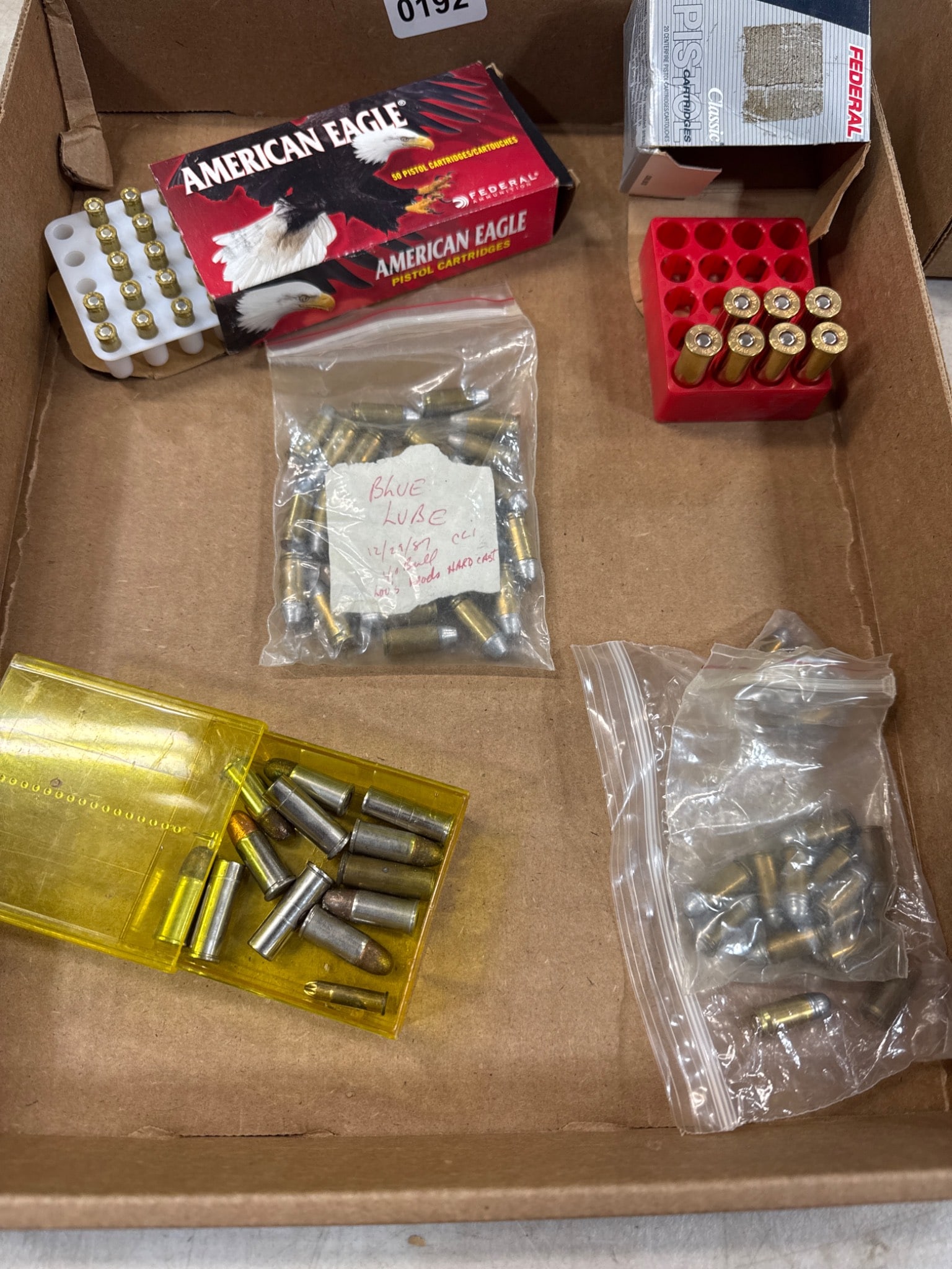 Pistol Ammo Mixed Lot: .44 Mag & .25 Cal: Pistol ammunition including 7 rounds of .44 REM Magnum (Federal) and 48 rounds of .25 caliber ammo (American Eagle). Includes additional loose rounds and components. All items are sold AS IS, WHERE IS