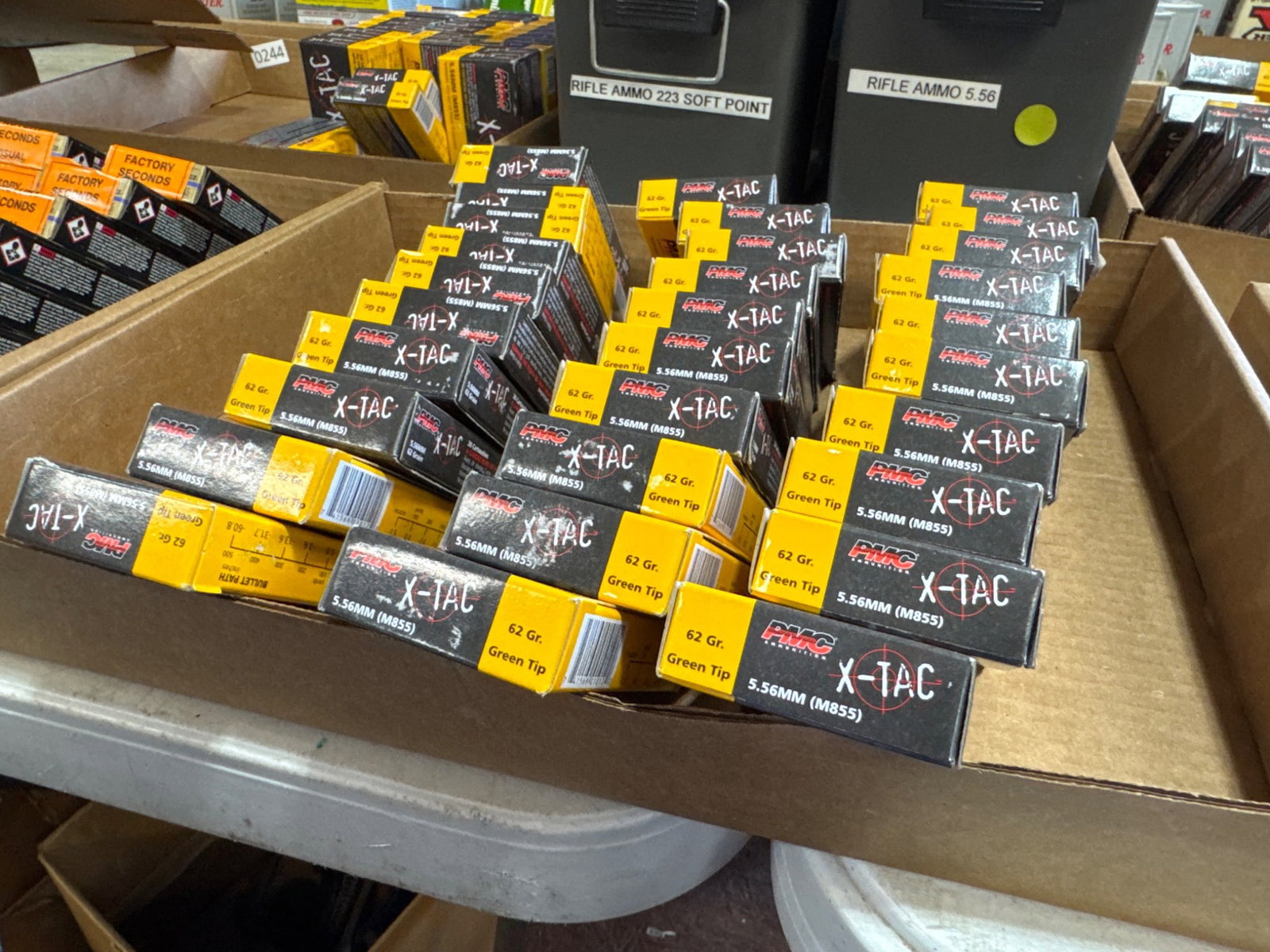 30 Boxes of PMC X-TAC 5.56mm Ammo: 30 boxes of PMC X-TAC long gun rifle ammunition, 5.56mm (M855) caliber, 62 grain green tip rounds. Each box contains 20 centerfire cartridges. All items are sold ?AS IS, WHERE IS? with no warranties