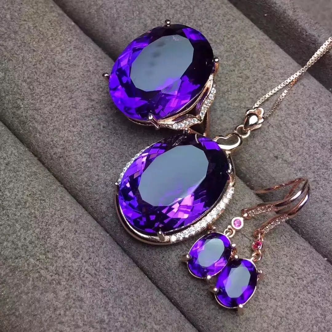 925 Silver Crystal Necklace Earrings and Ring Three-Piece Set: 925 Silver Crystal Necklace Earrings and Ring Three-Piece Set ****** Metal: 925 Silver / Main Stone: Crystal / Color: Purple