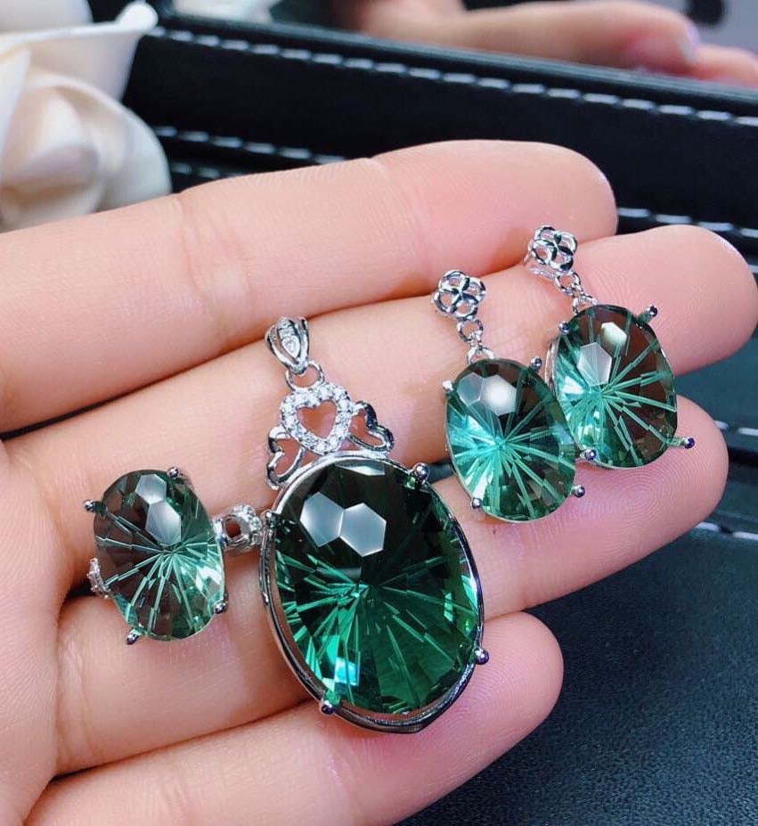 925 Silver Crystal Pendant Earrings and Ring Three-Piece Set: 925 Silver Crystal Pendant Earrings and Ring Three-Piece Set ****** Metal: 925 Silver / Main Stone: Crystal / Color: Green / Pendant Main Stone Size: 15*20mm / Ring Main Stone Size: 10*14mm
