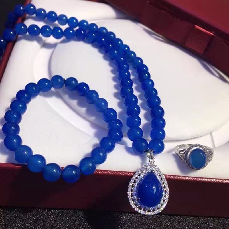 925 Silver Jade Necklace Bracelet and Ring Three-Piece Set (1 of 3)