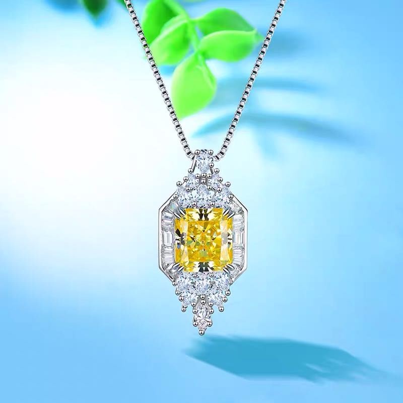 925 Silver 5ct Yellow Gem Necklace: 925 Silver 5ct Yellow Gem Necklace ****** Metal: 925 Silver / Main Stone: Yellow Gem / Color: Yellow / Carat Weight: 5 / Main Stone Size: 9*10mm / Pendant Size: 15*30mm