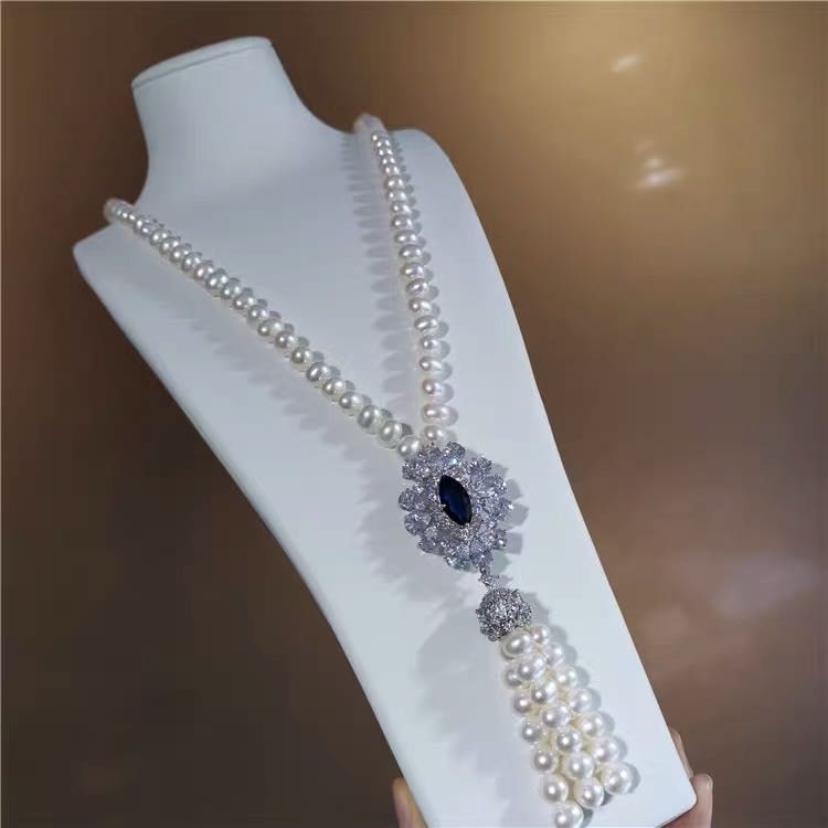 Natural Pearl Necklace Embeded Sapphire 925 Silver Pendant: Natural Pearl Necklace Embeded Sapphire 925 Silver Pendant ****** Metal: Natural Pearl / Color: White / Pearl Diameter 10mm, Necklace Length 90mm