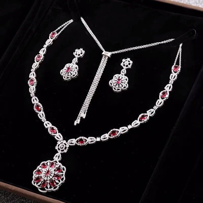 925 Silver Ruby Necklace And Earrings Two-Piece Set (1 of 5)