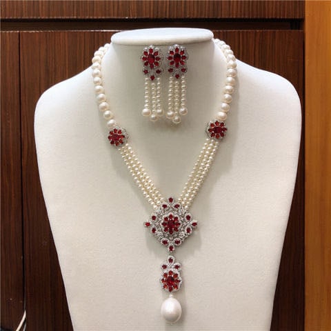 Natural Pearl Necklace Embeded Ruby 925 Silver Pendant And Earrings Two-Piece Set (1 of 4)