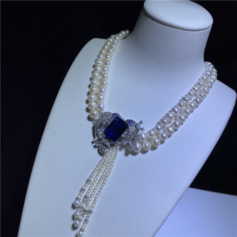 Natural Pearl Necklace Embeded Sapphire 925 Silver Pendant (1 of 3)