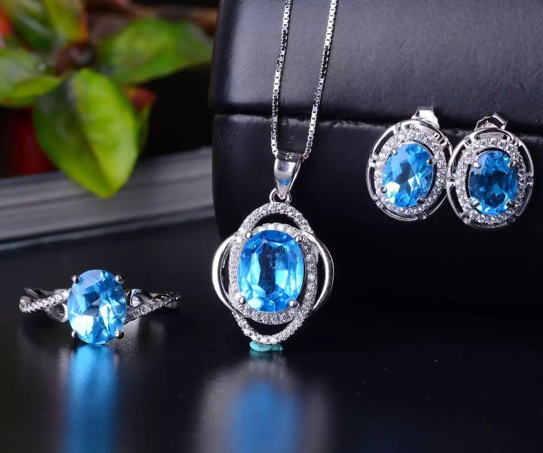 925 Silver Topaz Necklace Earrings and Ring Three-Piece Set (1 of 4)