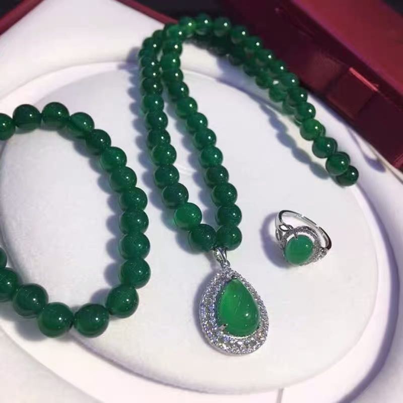 925 Silver Jade Necklace Bracelet and Ring Three-Piece Set (1 of 3)