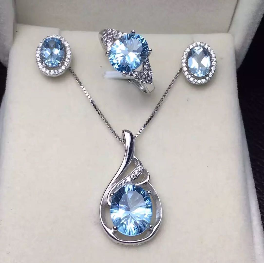 925 Silver Topaz Necklace Earrings and Ring Three-Piece Set (1 of 5)