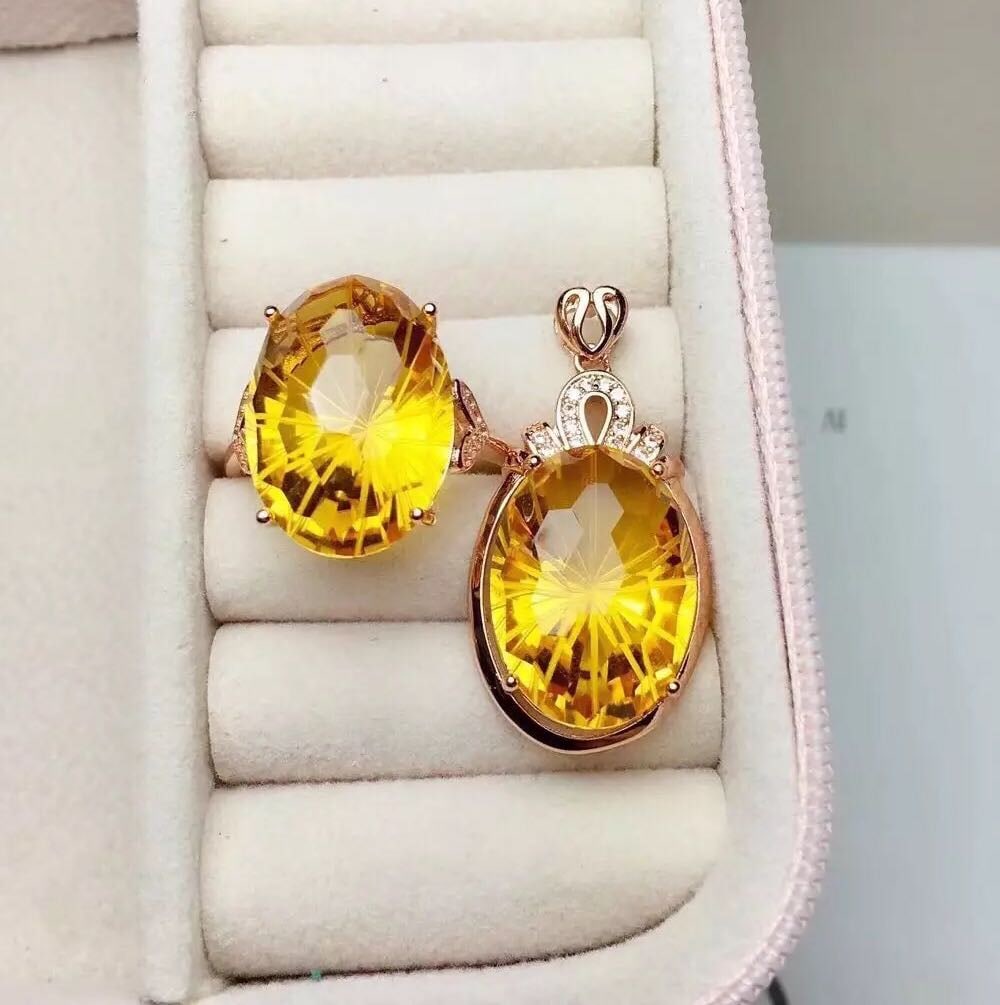 925 Silver Crystal Pendant And Ring Two-Piece Set: 925 Silver Crystal Pendant And Ring Two-Piece Set ****** Metal: 925 Silver / Main Stone: Crystal / Color: Yellow / Pendant Main Stone Size: 13*18mm / Ring Main Stone Size: 13*18mm