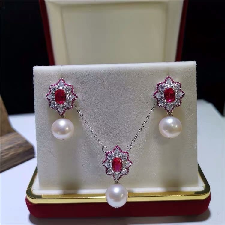 Natural Pearl Embeded Ruby 925 Silver Pendant And Earrings Two-Piece Set (1 of 4)